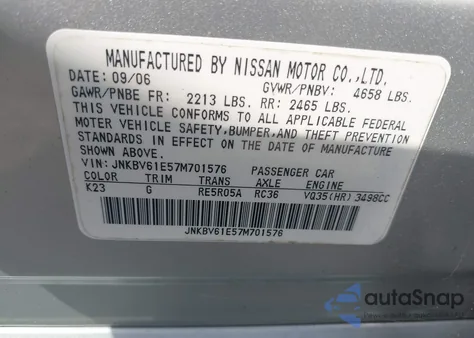2007 Infiniti G35 Journey from USA, damaged, VIN JNKBV61E57M701576